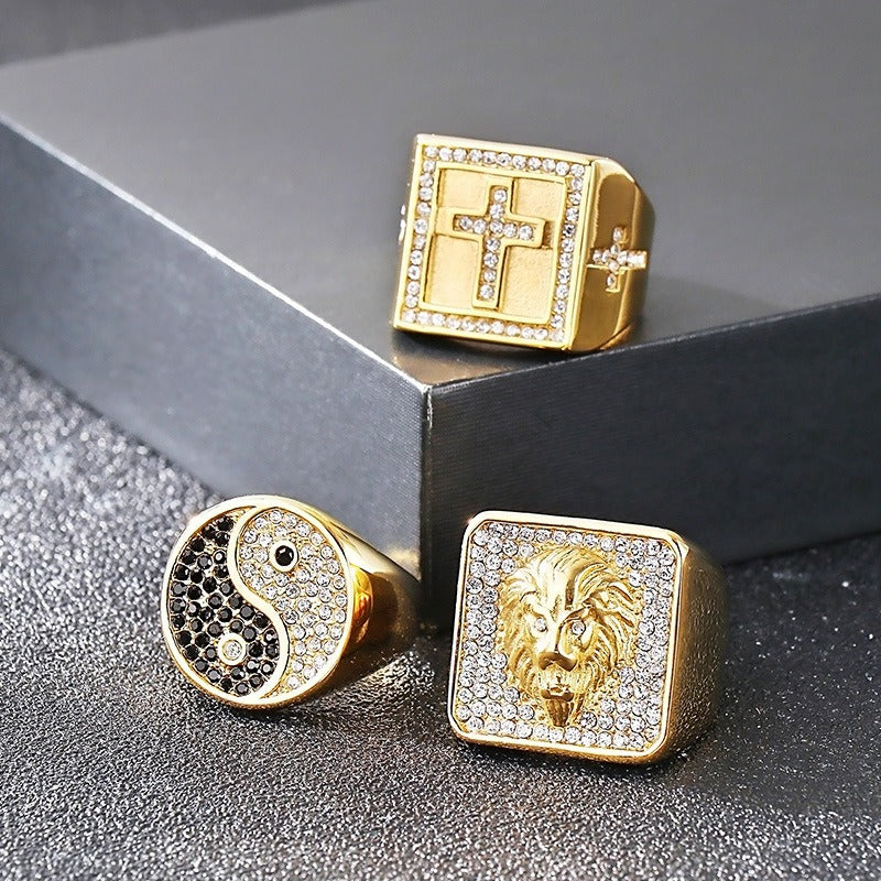 Kemstone Bold Statement Rings β Stainless Steel Lion Head / Cross / Yin Yang Signet KR112697