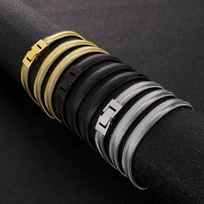 Hip-Hop Flat Snake Chain Necklace & Bracelet – Stainless Steel Herringbone Jewelry for Men KN228487