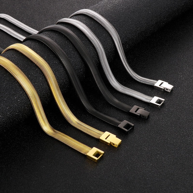 Hip-Hop Flat Snake Chain Necklace & Bracelet – Stainless Steel Herringbone Jewelry for Men KN228487