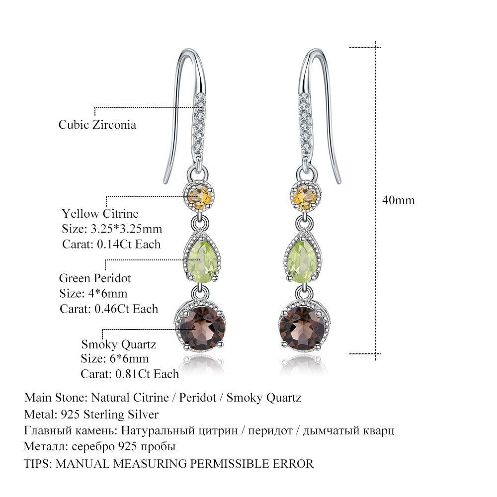 Pendientes colgantes de piedras preciosas naturales de diseño original hechos a mano por Kemstone en plata de ley S925 con topacio, peridoto y citrino.