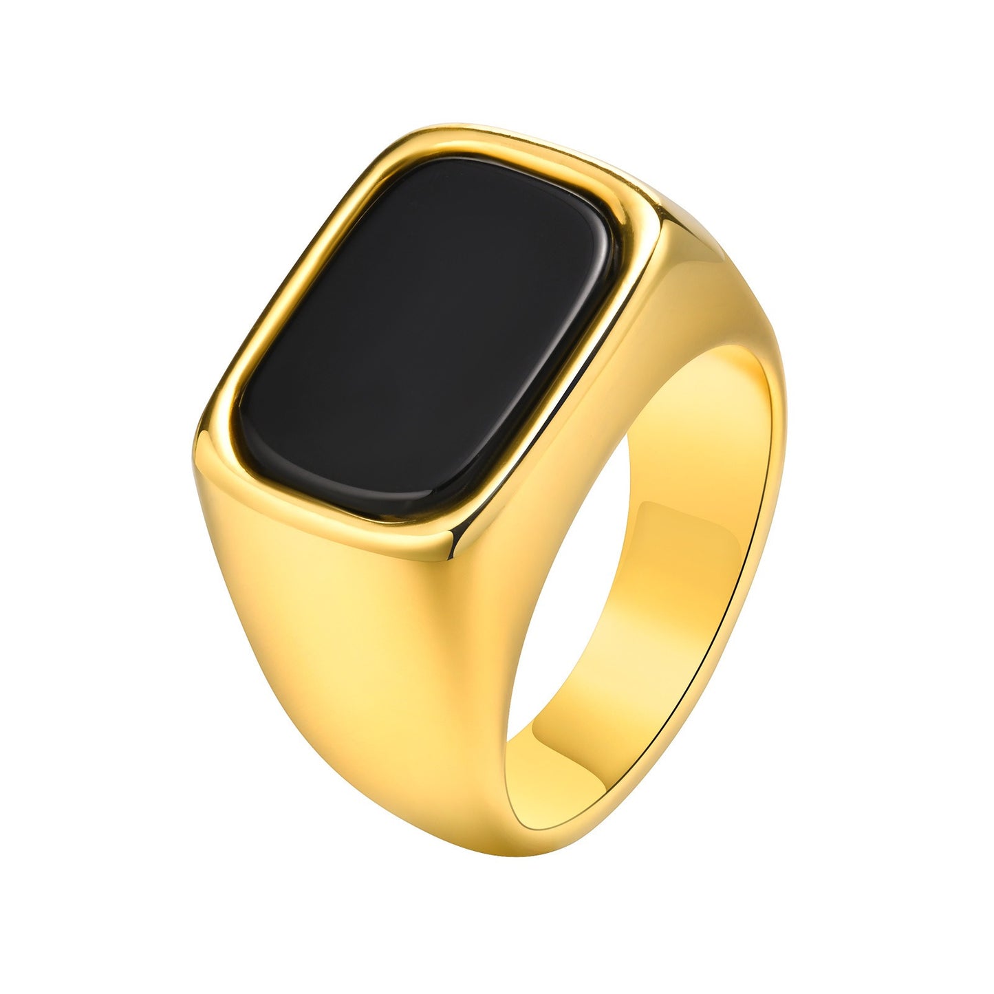 Kemstone Gold Stainless Steel Signet Ring for Men – Rectangle Black Stone Gothic Statement RC-619