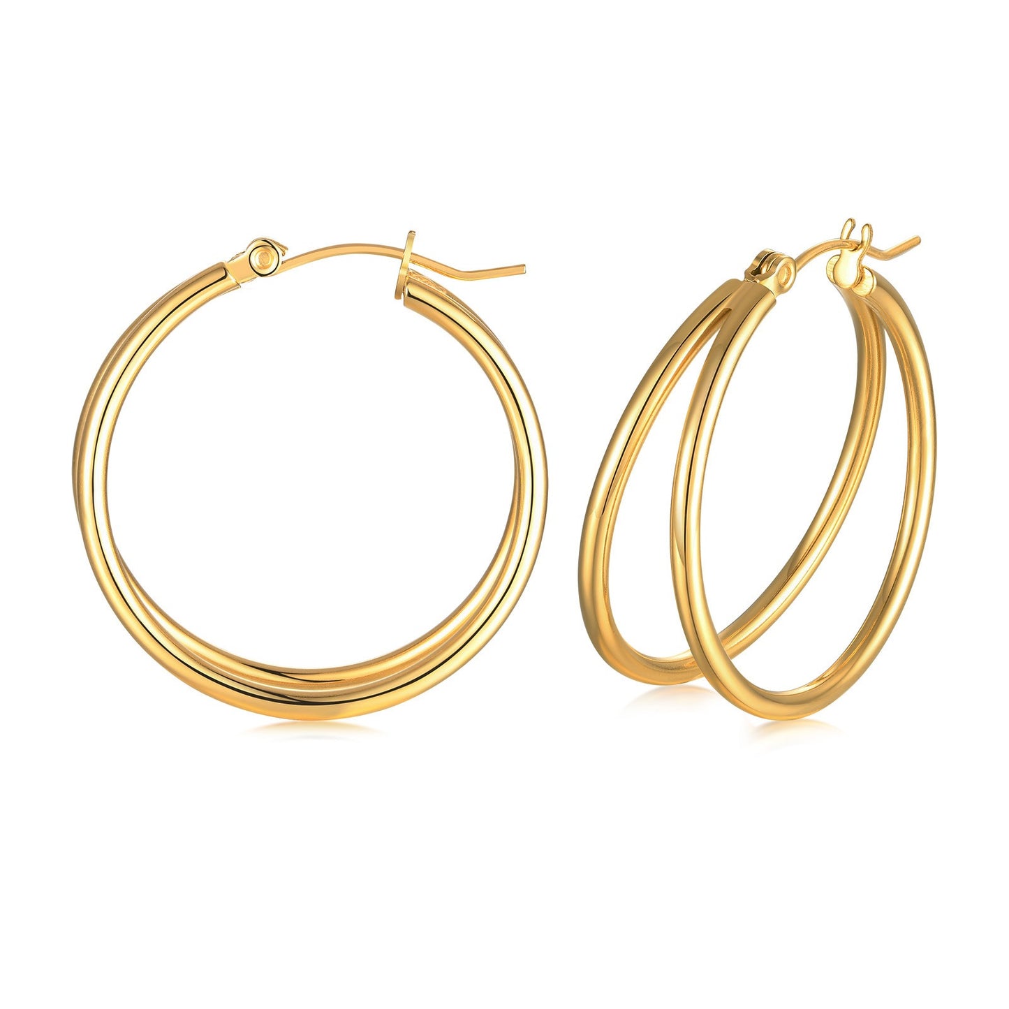 Aros dorados de doble tubo Kemstone de 32 mm, acero inoxidable ligero para mujer EH-339