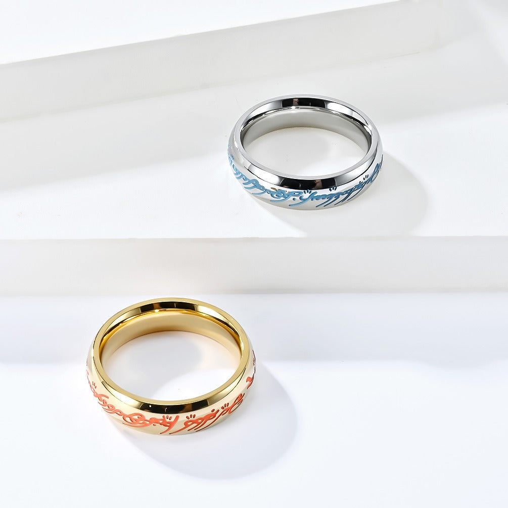 Kemstone Glow in the Dark Elvish Ring β Titanium Steel Script Band Gothic Norse Fantasy | K-R740