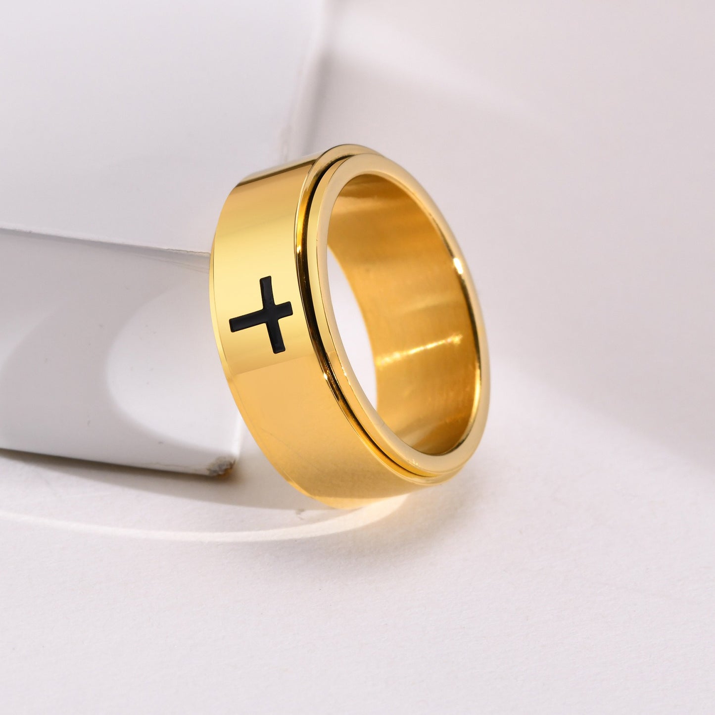 Kemstone Black Laser-Etched Cross Rotating Stainless Steel Ring – Gothic Industrial Men’s Jewelry R589
