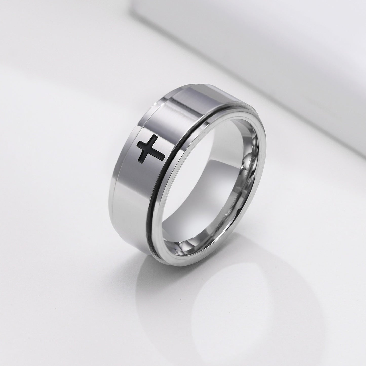 Kemstone Black Laser-Etched Cross Rotating Stainless Steel Ring – Gothic Industrial Men’s Jewelry R589