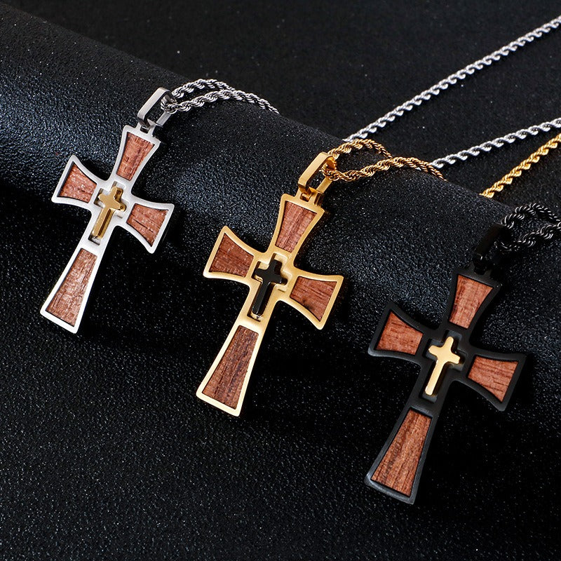 Kemstone Layered Stainless Steel & Wood Cross Pendant – Gothic Totem Necklace KP93475