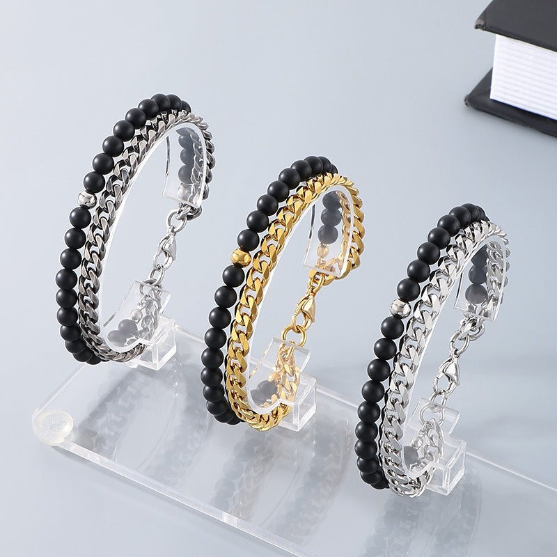 Kemstone Dual-Layer Onyx & Cuban Chain Bracelet – Stainless Steel Power Symbol KB185323-Z