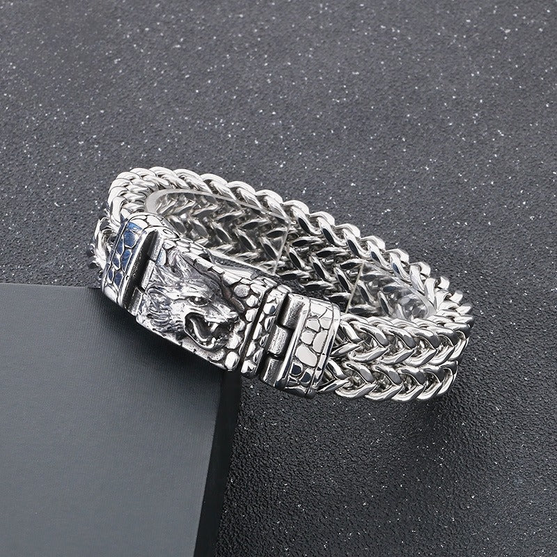 Bracciale in acciaio inossidabile con testa di lupo - Catena punk norrena da 16 mm | Chiusura gotica resistente KB184384