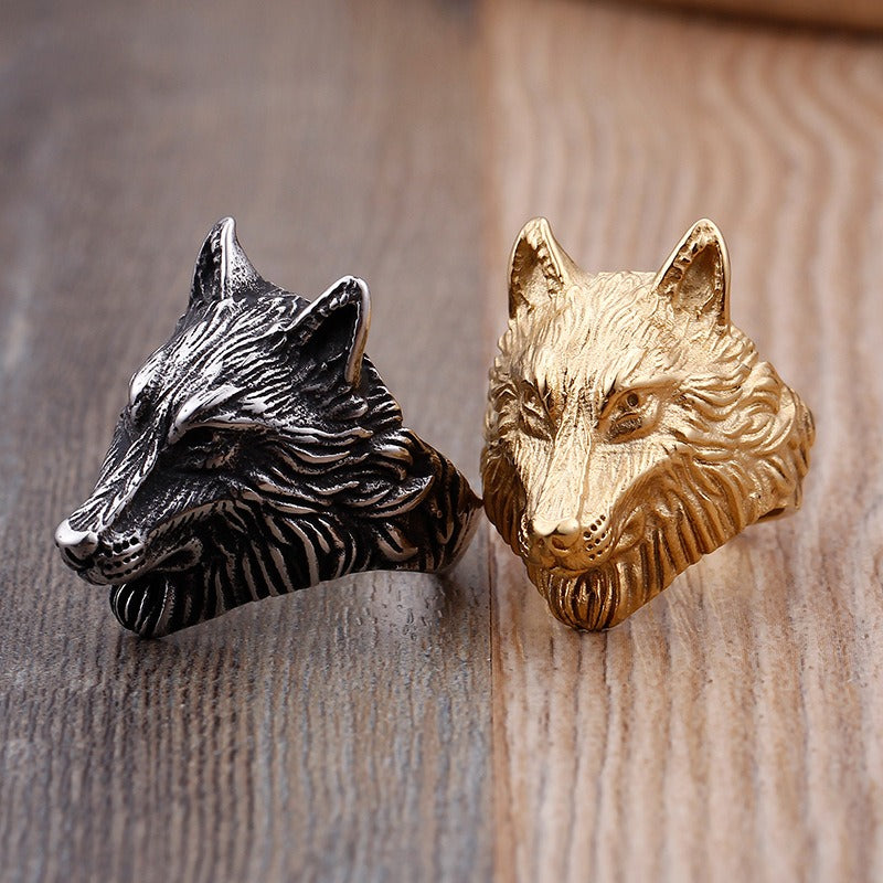 Kemstone Wolf Head Ring for Men – 18K Gold Plated Stainless Steel Gothic Norse Power KR48276-K