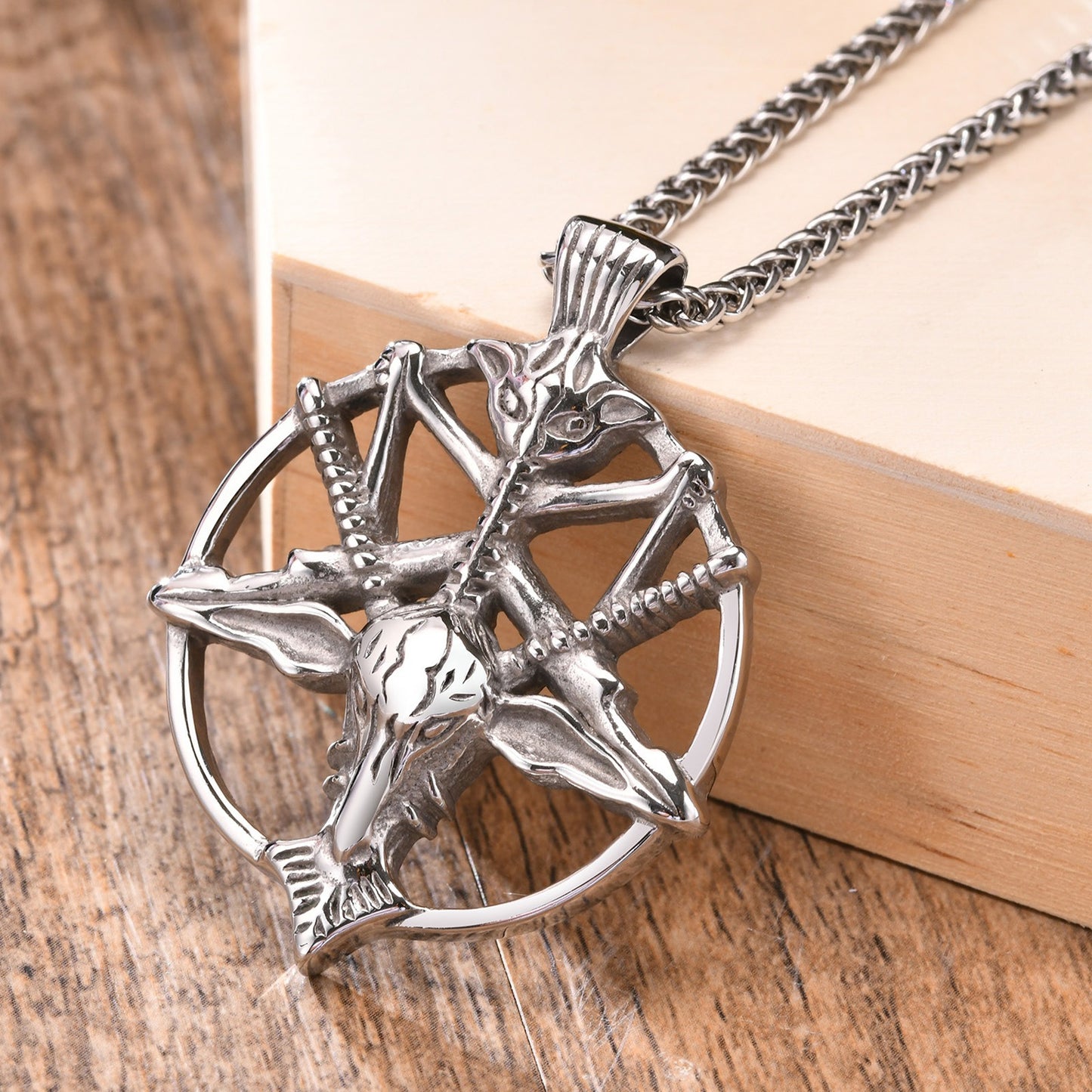 Kemstone Satanic Goat Head Pendant – Stainless Steel Gothic Pentagram Necklace PN-1266
