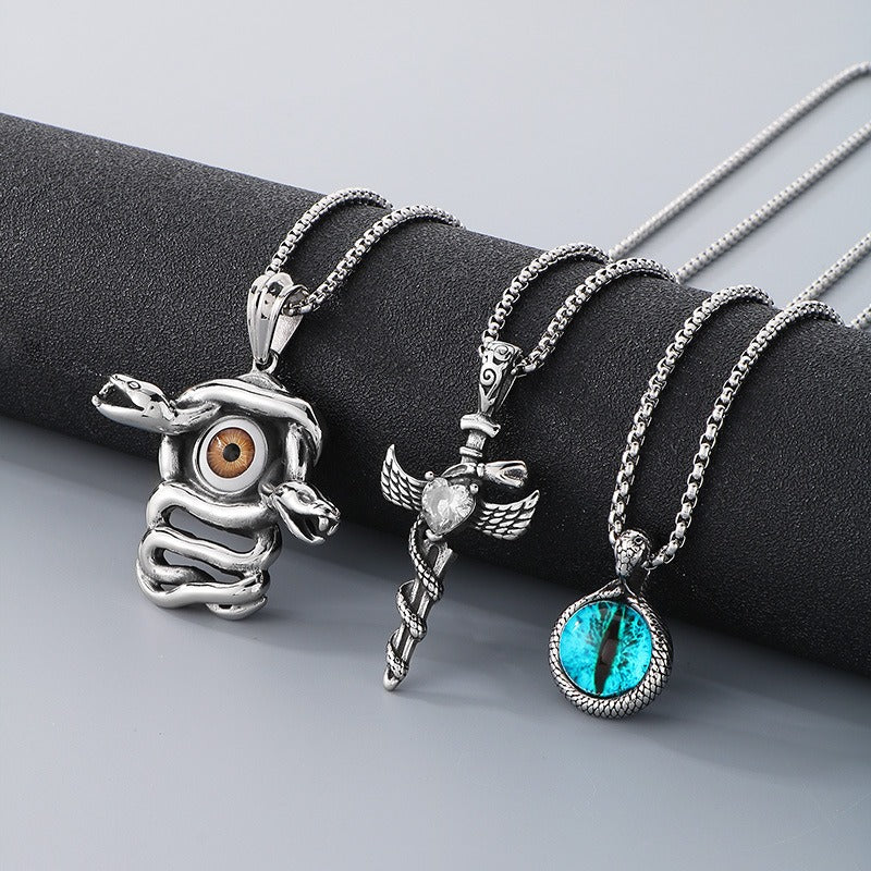 Kemstone Men’s Snake Pendant Necklace – Stainless Steel Gothic Punk Amulet, Norse Dark Jewelry KP55376-BD