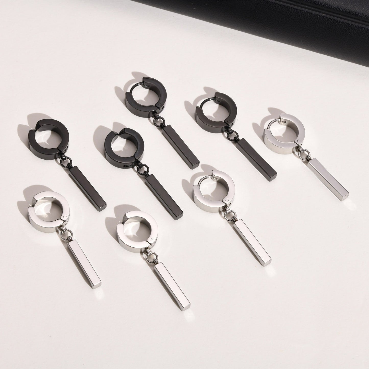Kemstone Men's Geometric Bar Drop Earrings – Stainless Steel Hoop & Clip-On, Gothic Punk Street Style in Black & Silver ED-659