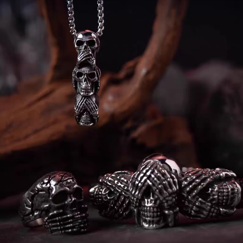 Kemstone Dark Gothic "See Speak Hear No Evil" Skull Pendant Necklace – Titanium Steel For Men & Women Rock Jewelry