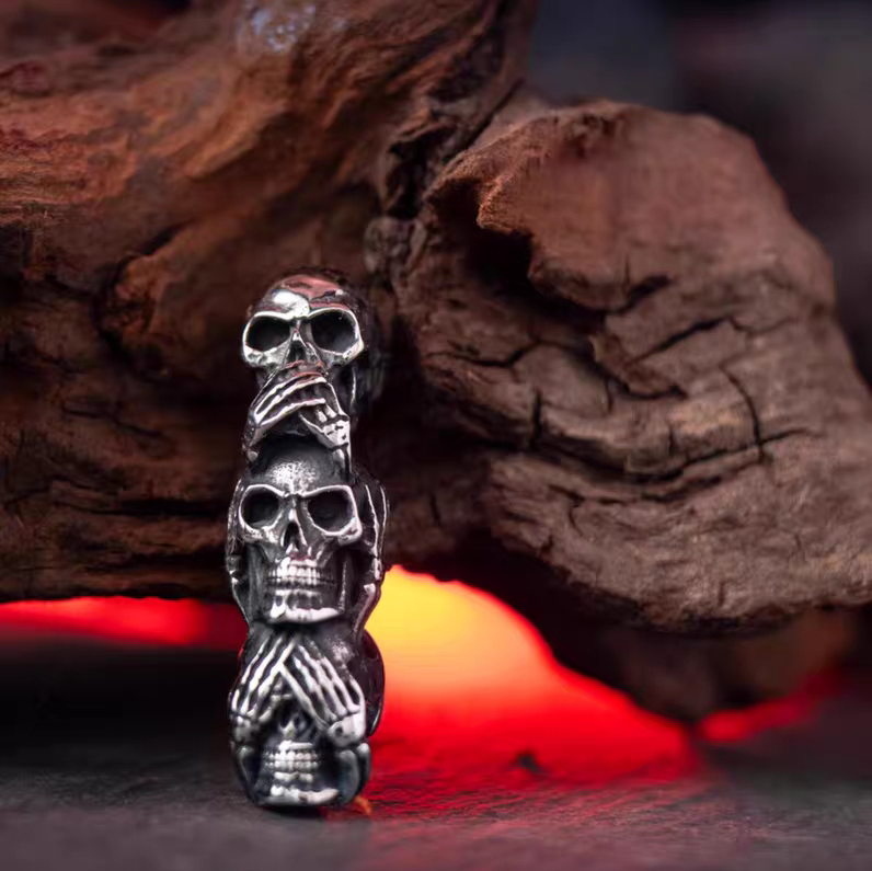 Kemstone Dark Gothic "See Speak Hear No Evil" Skull Pendant Necklace – Titanium Steel For Men & Women Rock Jewelry