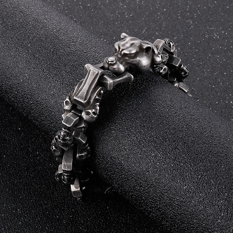 Kemstone Heavy Skull Panther Head Chain Bracelet for Men – Gothic Stainless Steel Biker Jewelry KB156415