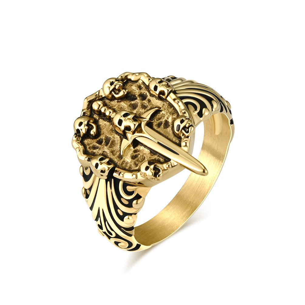 Kemstone Titanium Steel Skull Sword Ring – Gothic Vintage Band K-R830