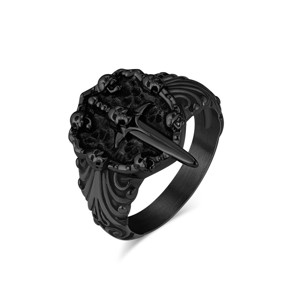 Kemstone Titanium Steel Skull Sword Ring – Gothic Vintage Band K-R830