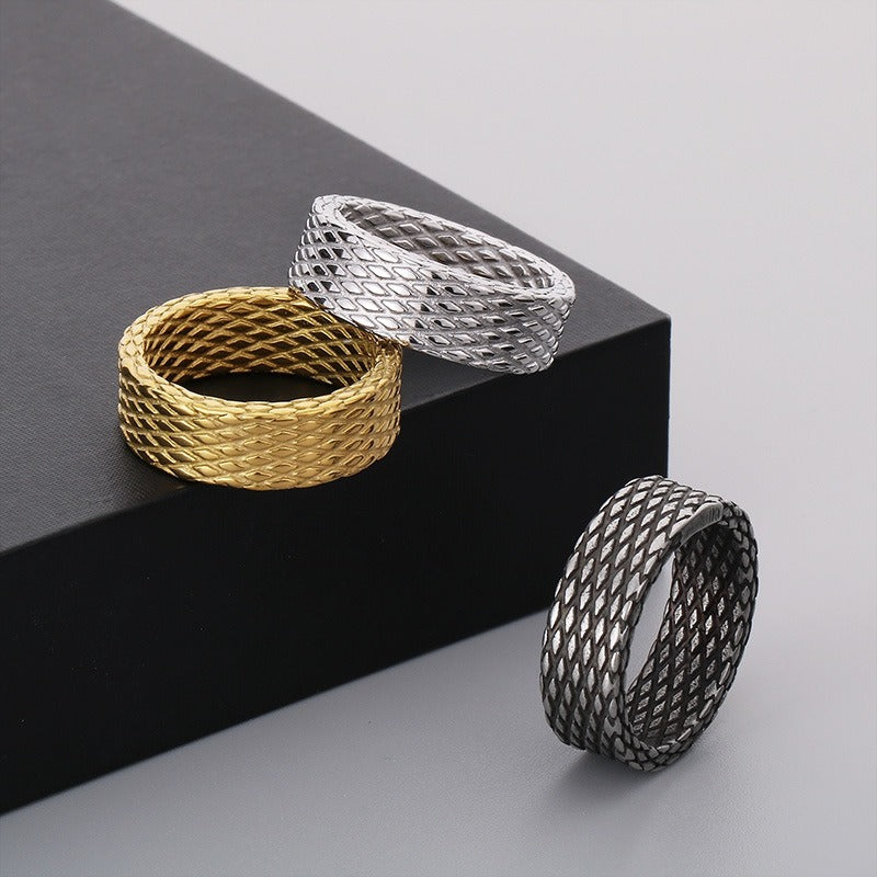 Kemstone Textured Stainless Steel Men’s Ring – Diamond Mesh Pattern, Gothic Street Style KR105816
