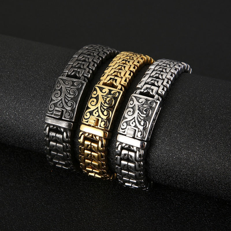 Kemstone Men’s Floral Armor Chain Bracelet – Stainless Steel Gothic Curb, 20cm/22cm KB123643