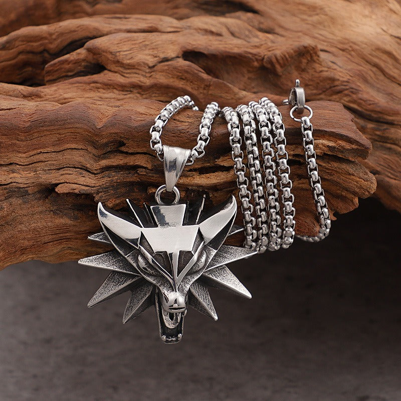 Witcher Wolf Head Pendant Necklace for Men – Gothic Viking Stainless Steel Medallion, Silver/Gold/Black KP59809-K