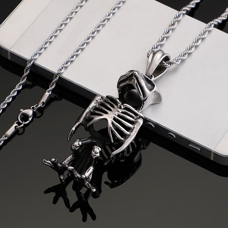 Kemstone Titanium Steel Owl Skeleton Necklace – Gothic Punk Jewelry for Men KP80011-BD