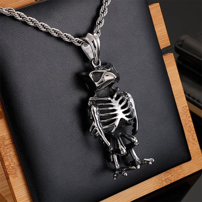 Kemstone Titanium Steel Owl Skeleton Necklace – Gothic Punk Jewelry for Men KP80011-BD