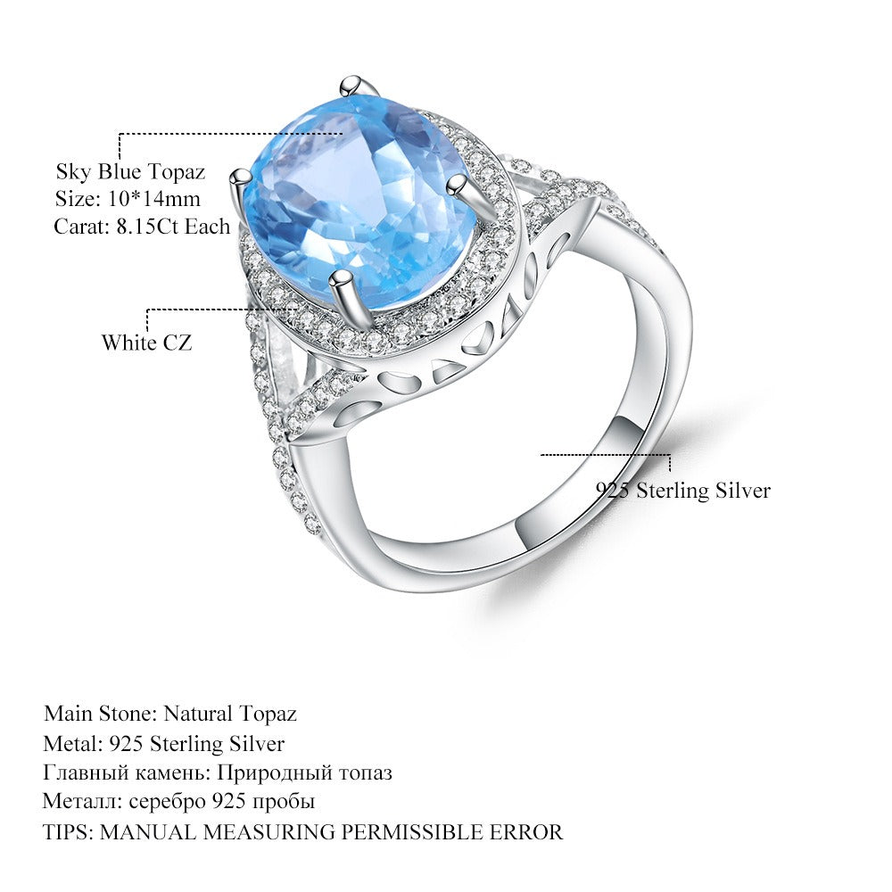 Anillo de topacio azul cielo de corte ovalado de 8,15 quilates, hecho a mano, diseño original de Kemstone, en plata de ley hueca para mujer, K245032R