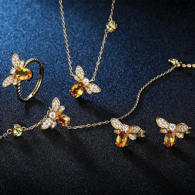 Pendientes de abeja de citrino natural, diseño original, hechos a mano por Kemstone - Precioso diseño de plata S925 bañado en oro