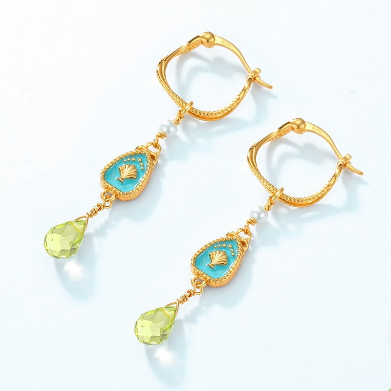 Pendientes colgantes de peridoto esmaltado, diseño original, hechos a mano por Kemstone para mujer - Plata S925 con baño de oro de 10 quilates