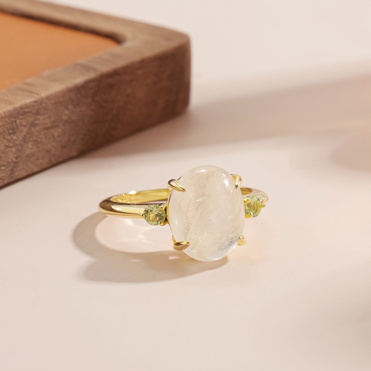 Kemstone Moonstone & Peridot Ring for Women – 4.7ct Natural Blue Moonstone, 925 Sterling Silver with 18K Gold Plating, Unique Handcrafted Design
