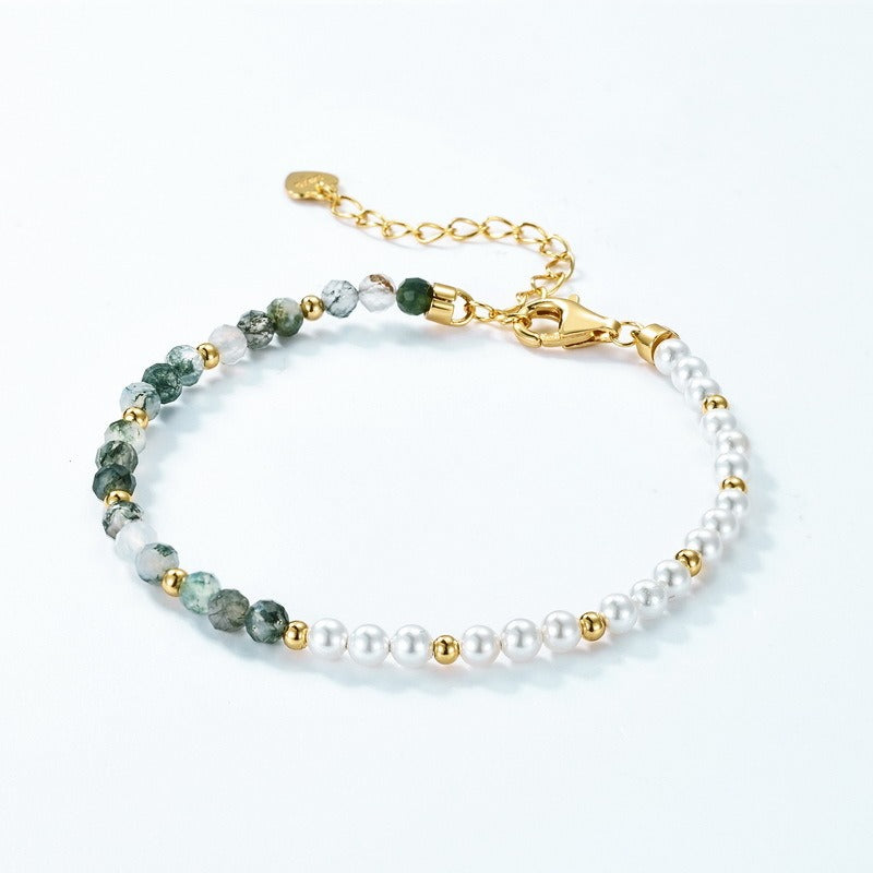 Pulsera de cuentas de ágata musgosa, diseño original, hecha a mano por Kemstone - Delicado diseño de plata S925 y perla