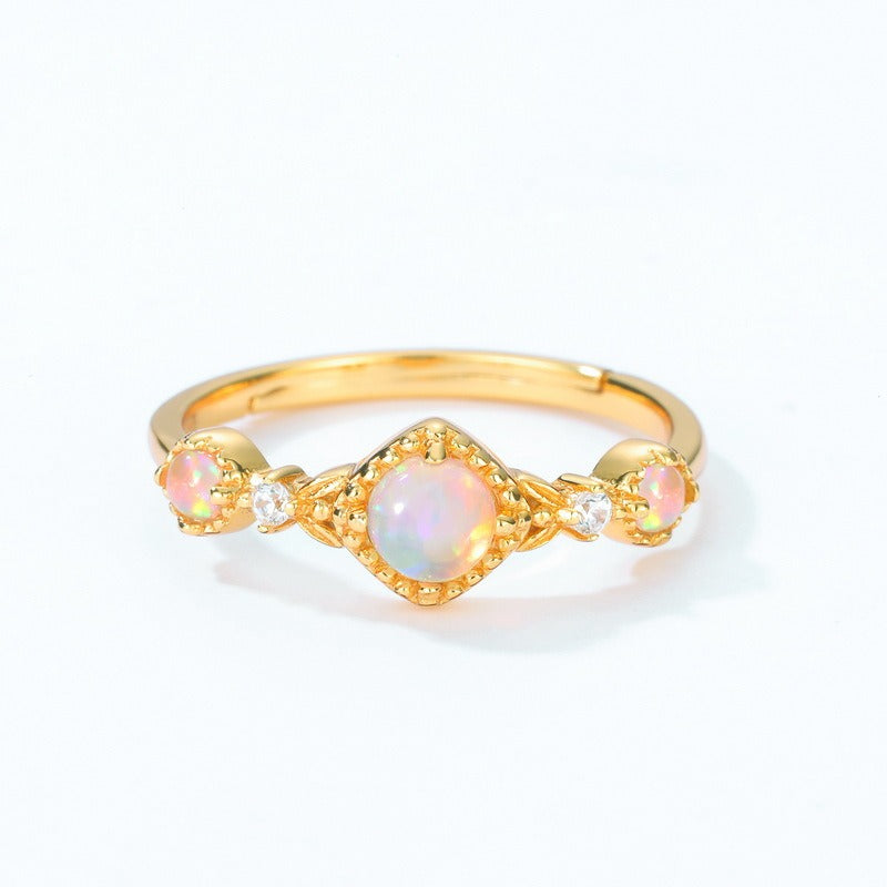 Anillo de ópalo de diseño original artesanal de Kemstone - Ajustable, plata S925, chapado en oro de 10 quilates
