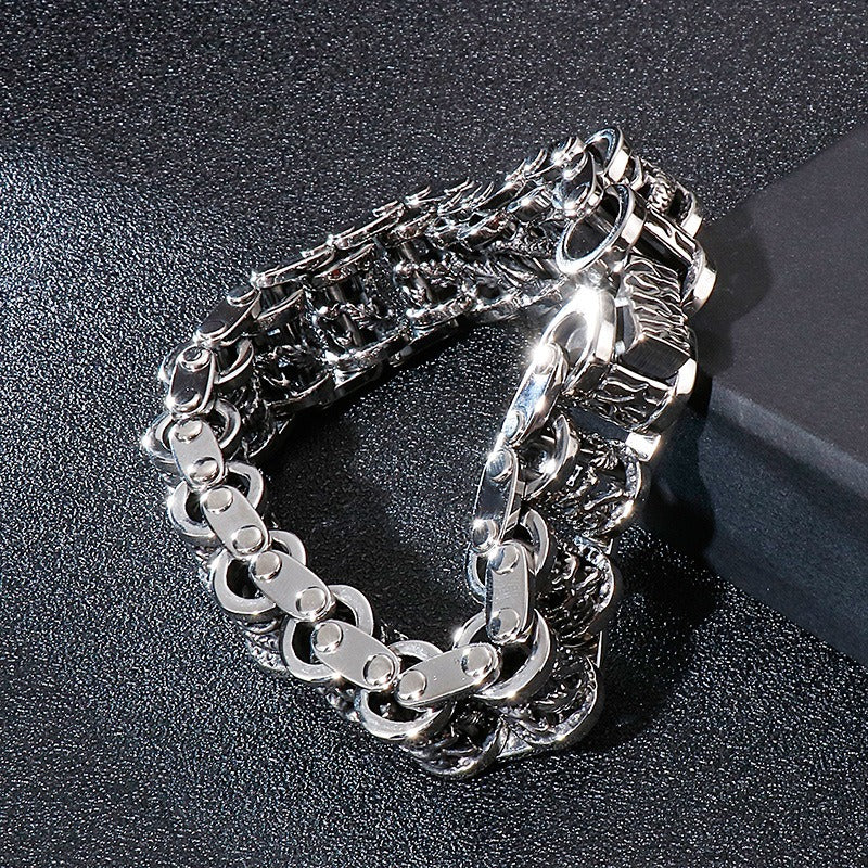 Kemstone Vintage Dragon Bike Chain Cuff – Stainless Steel Men’s Bracelet, Handcrafted Rustic KB83923-BD