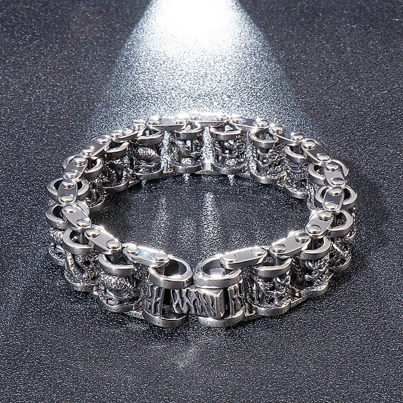Kemstone Vintage Dragon Bike Chain Cuff – Stainless Steel Men’s Bracelet, Handcrafted Rustic KB83923-BD