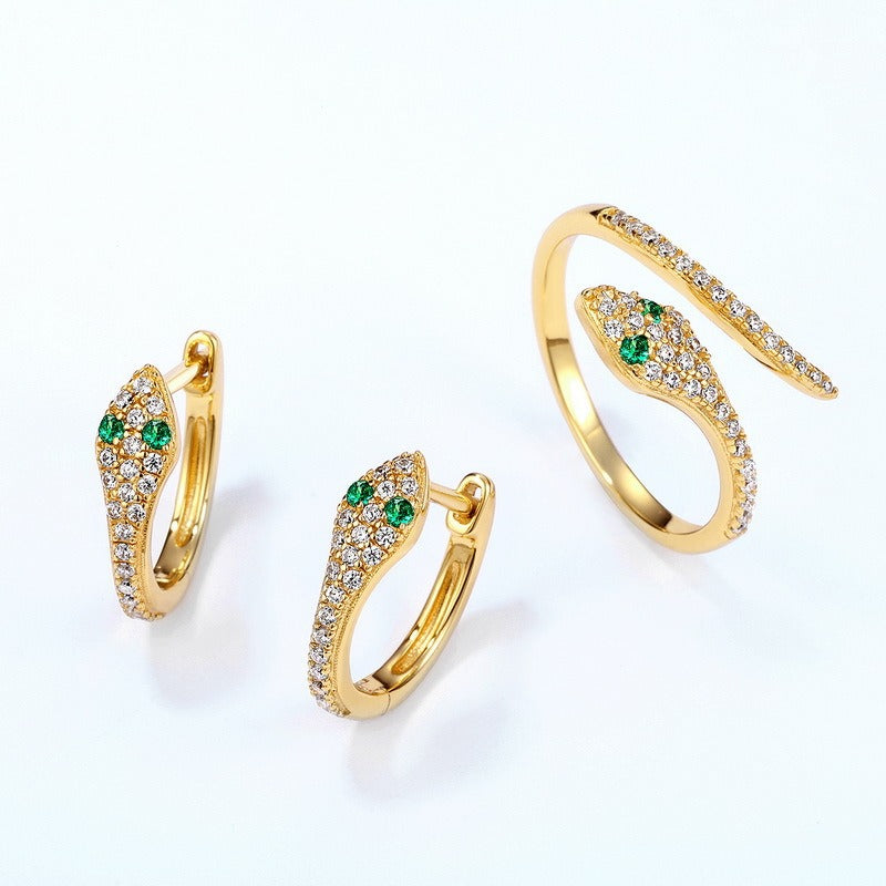 Pendientes de aro con diseño de serpiente, hechos a mano por Kemstone - Plata S925 con nanocircón verde y baño de oro de 9 quilates