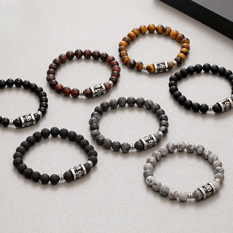 Kemstone Vintage Skull & Natural Stone Beaded Bracelet – Titanium Steel Men’s Jewelry KB183247-TLX