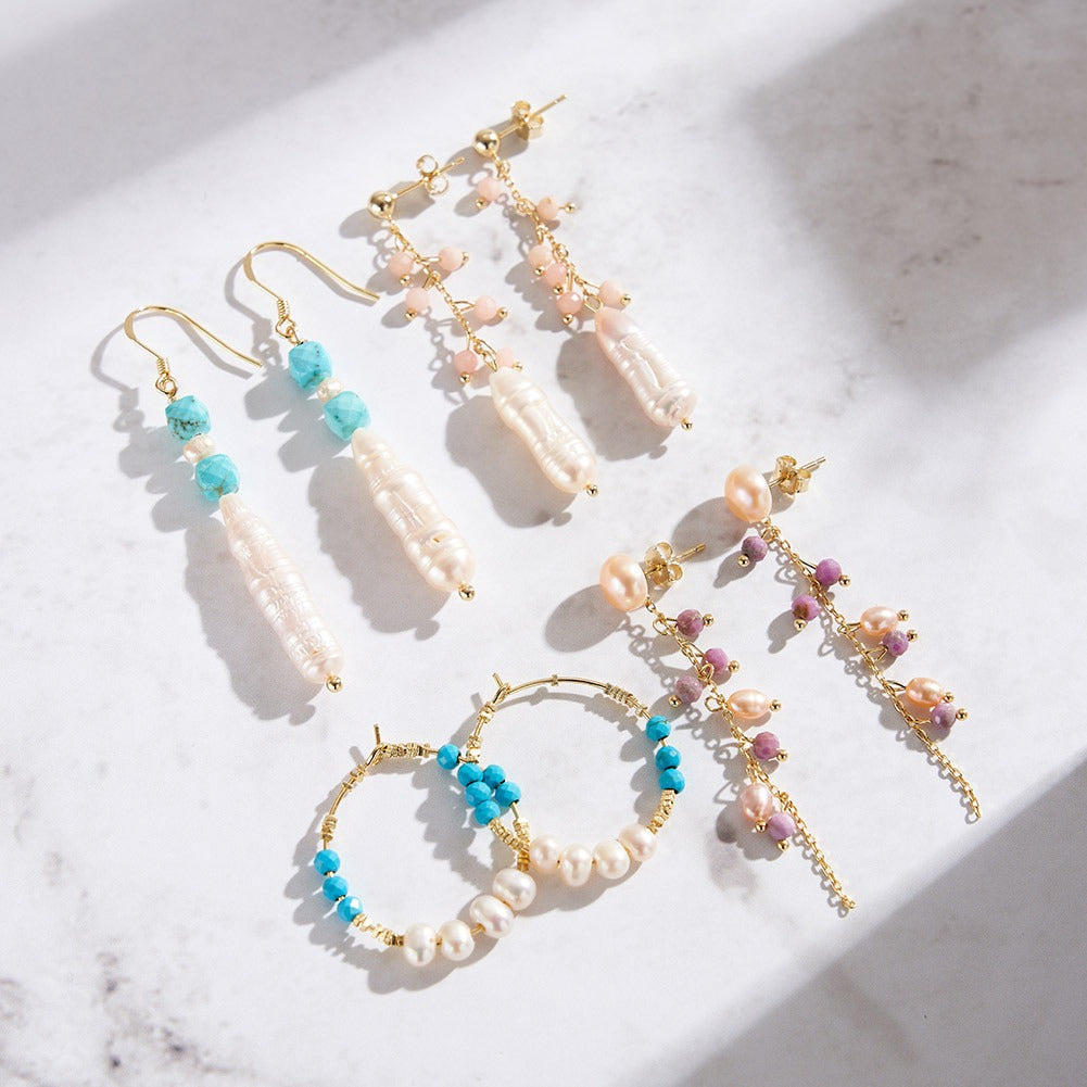Kemstone Boho Pearl Drop Earrings for Women 925 Sterling Silver Turquoise Bead Detail MPE06