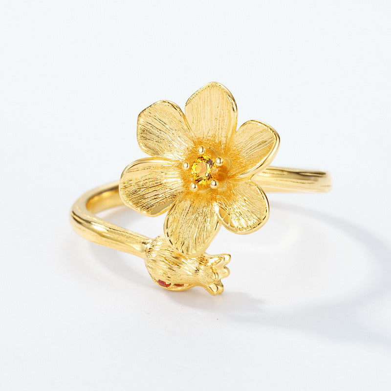 Kemstone Pomegranate Flower Ring – Adjustable 925 Silver 10K Gold Plated Handmade Floral Jewelry for Women