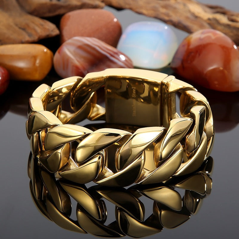 Kemstone Men’s 26mm Heavy Cuban Link Bracelet – Stainless Steel 18K Gold Plated | Hip-Hop Streetwear Jewelry KB27589-D