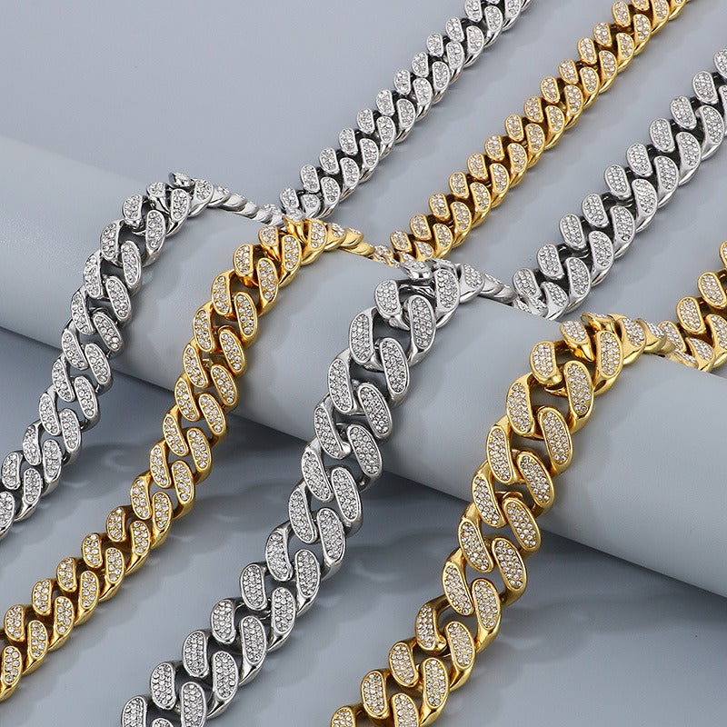 Kemstone Iced Out Cuban Link Chain & Bracelet – Heavy-Duty Titanium Steel Hip-Hop Jewelry KB170711