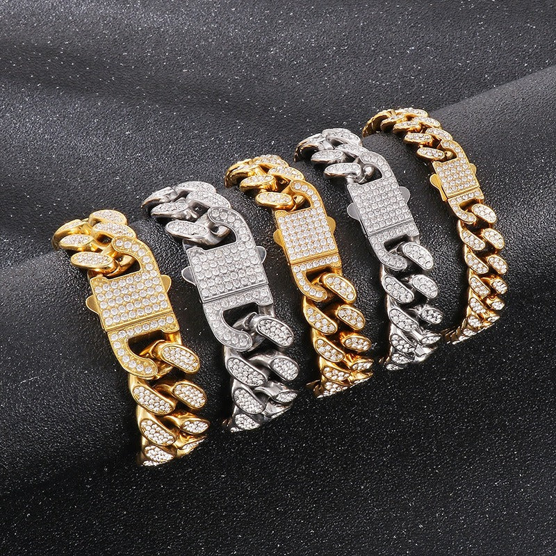 Kemstone Iced Out Cuban Link Chain & Bracelet – Heavy-Duty Titanium Steel Hip-Hop Jewelry KB170711