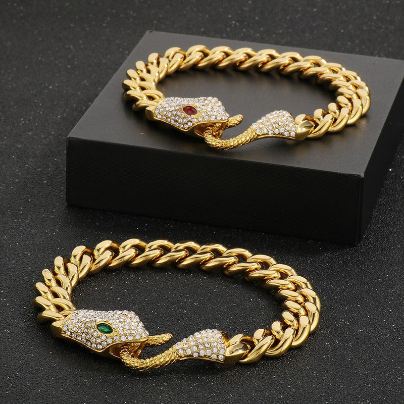 Kemstone Titanium Steel Cuban Chain Bracelet – Double-Sided Polished Hip Hop Snake Head, Green or Red Eyes KB185251