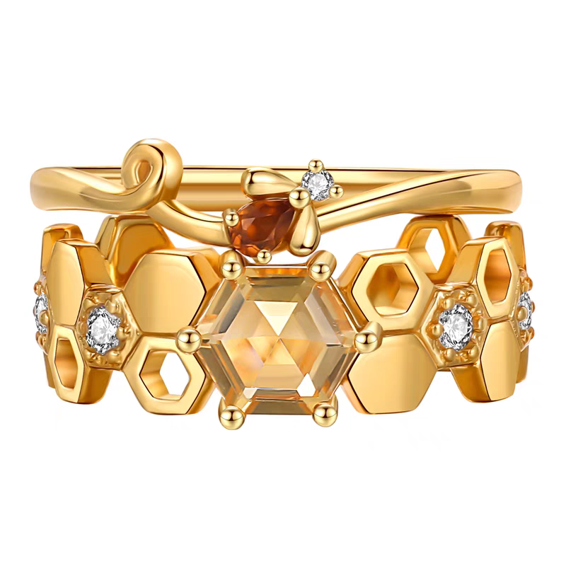 Anillo apilable de abeja con diseño original artesanal de Kemstone: anillo abierto ajustable de citrino y granate espesartita en plata de ley 925, diseño único de gema de lujo.