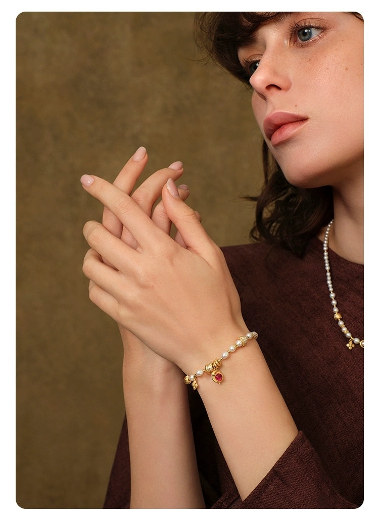 Pulsera con dije "Serpiente de la Fortuna" de Kemstone, hecha a mano • Oro vermeil de 18 quilates • Perlas naturales RSY-B609357