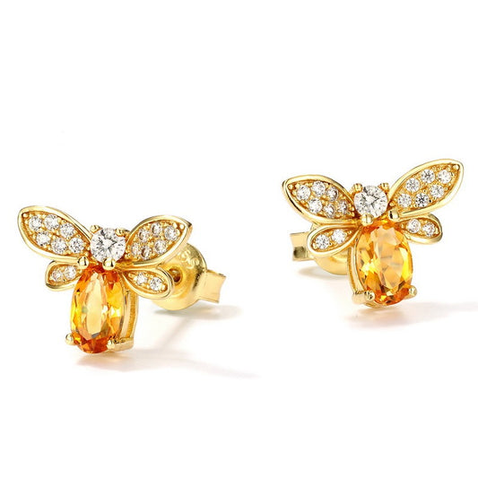 Pendientes de abeja de citrino natural, diseño original, hechos a mano por Kemstone - Precioso diseño de plata S925 bañado en oro