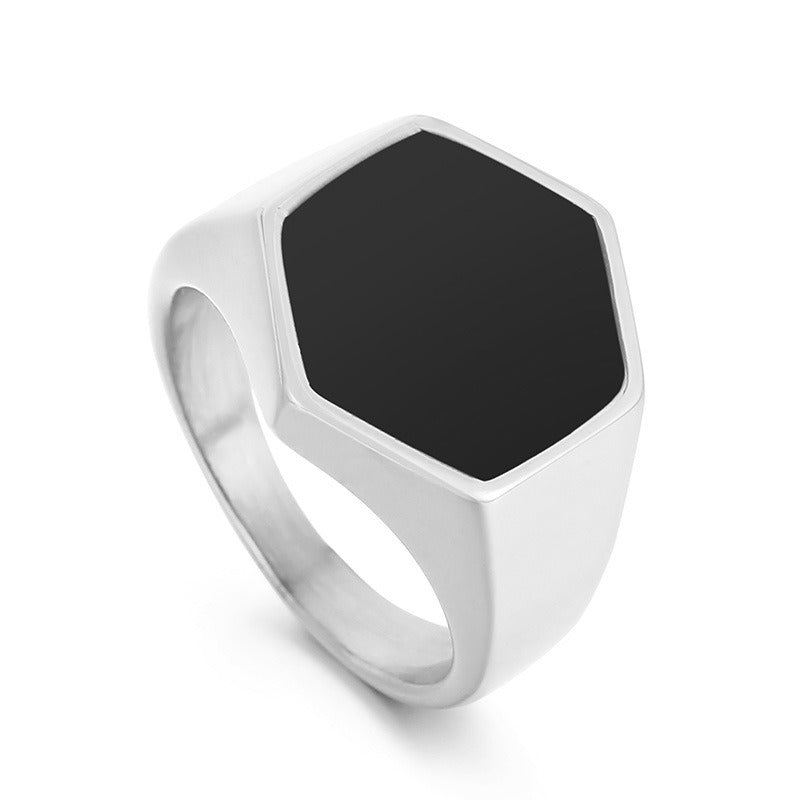 Kemstone Men’s Hexagon Signet Ring – Stainless Steel Black Epoxy Resin Inlay | Gothic Minimalist Jewelry KR105856-KFC