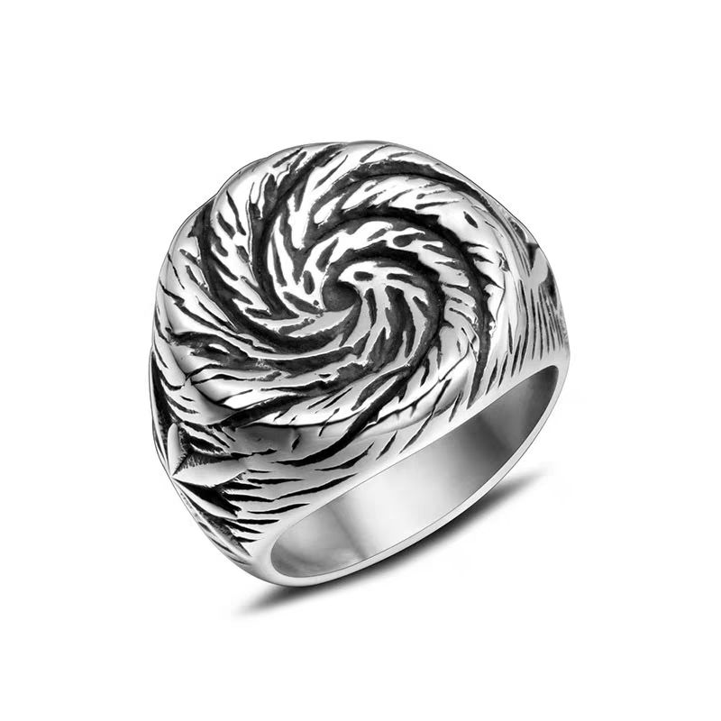 Kemstone Men’s Spiral Star Ring – Titanium Steel Wide Band, Vintage Street Style Jewelry NW-JZ120