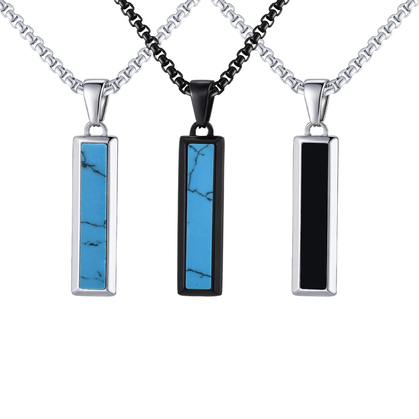 Kemstone Stainless Steel Geometric Bar Pendant Necklace for Men with Onyx or Turquoise PN-2221