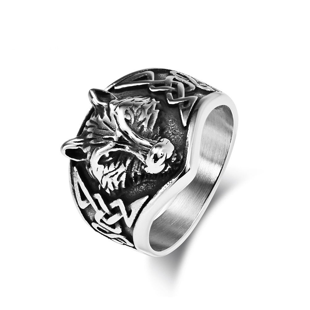 Kemstone Men’s Titanium Steel Celtic Wolf Head Ring – Vintage Symbol K-R692