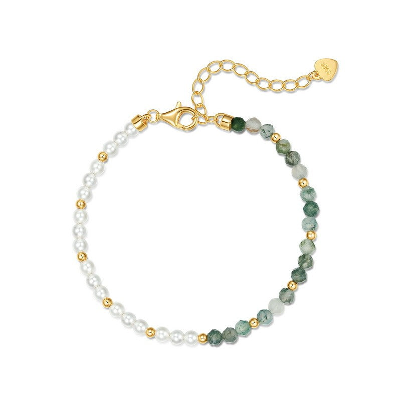 Pulsera de cuentas de ágata musgosa, diseño original, hecha a mano por Kemstone - Delicado diseño de plata S925 y perla
